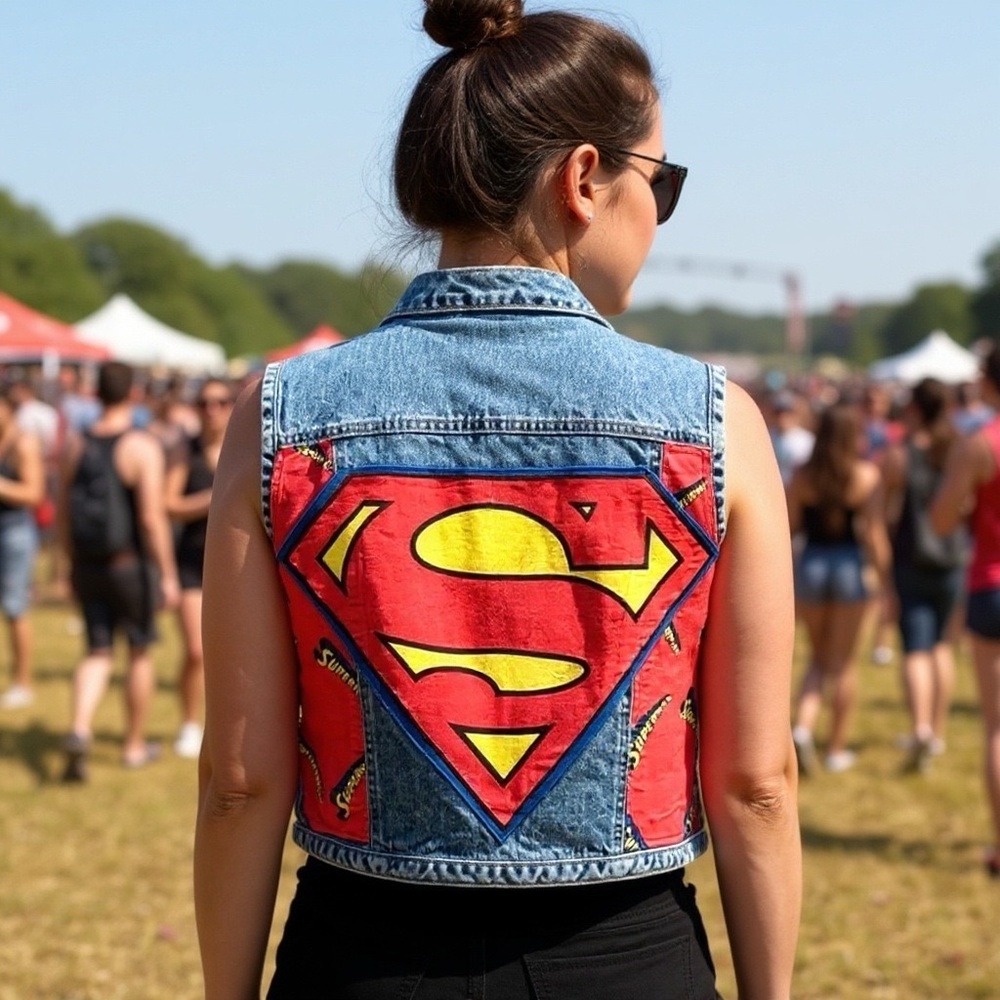 Hydraulic Jeans Vest - Superman Hand Applique Repurposed Jeans - Picture 12 of 12